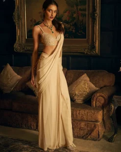 Nude Stitched Embroidered Sari Set