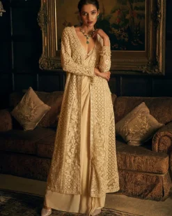 Nude Stitched Embroidered Sari Set