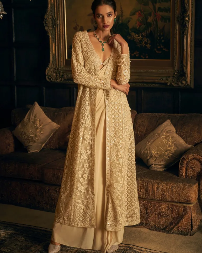Nude Stitched Embroidered Sari Set