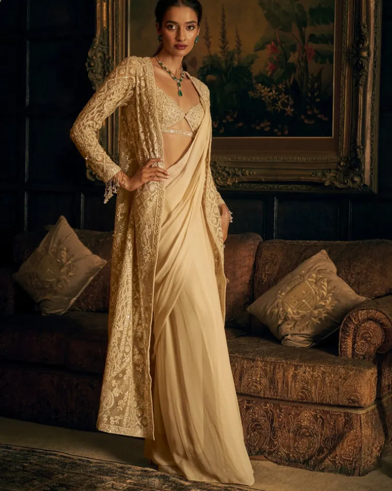 Nude Stitched Embroidered Sari Set