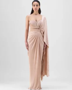 Nude Structured Blouse With Drape Sari Set