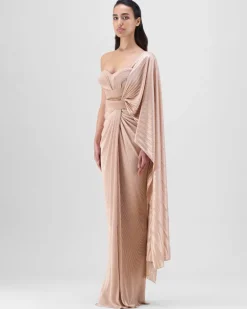 Nude Structured Blouse With Drape Sari Set