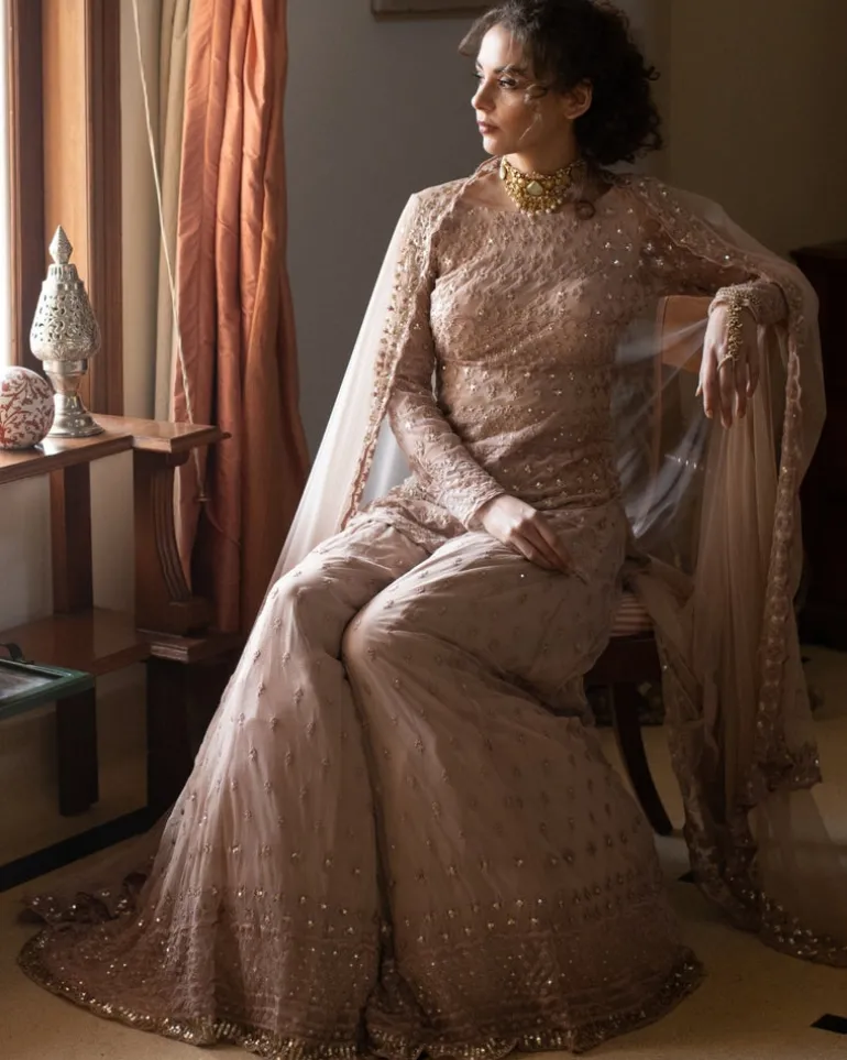 Nude Thread work Kurti And Sharara Set