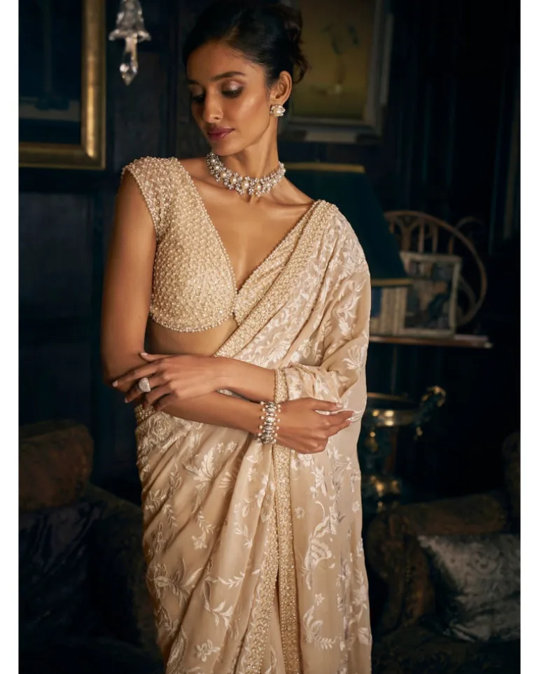 Nude Thread Work Sari Set