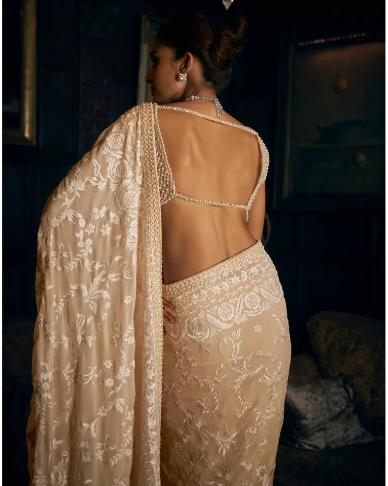 Nude Thread Work Sari Set