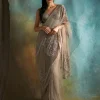 Nude Tulle Embroidered Sari Set