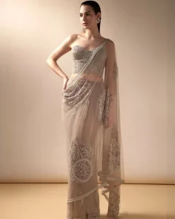 Nude Tulle Embroidered Sari Set