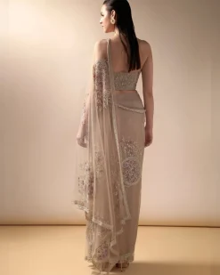 Nude Tulle Embroidered Sari Set