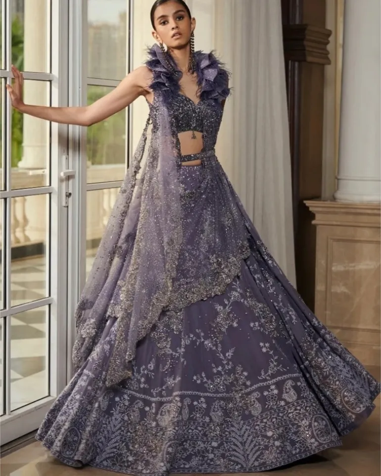 Nylah Leaden Blue Chikankari Chiffon Lehenga Set