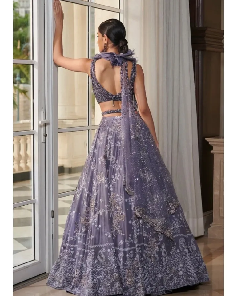 Nylah Leaden Blue Chikankari Chiffon Lehenga Set