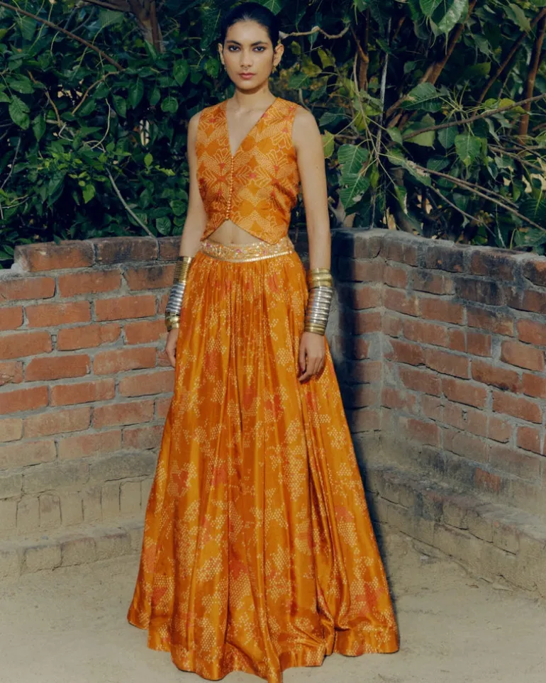 Ochre Bandhej Lehenga Set