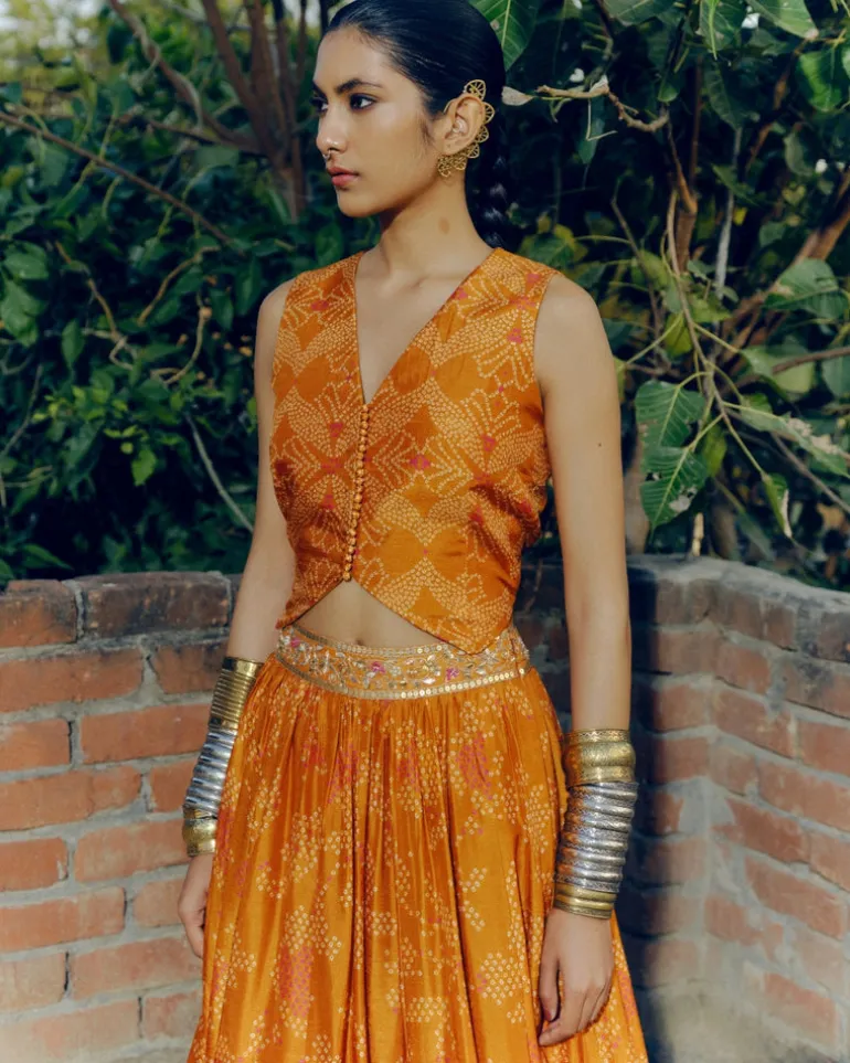 Ochre Bandhej Lehenga Set