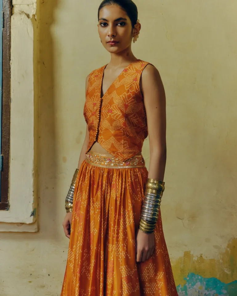 Ochre Bandhej Lehenga Set