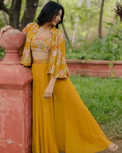 Ochre Yellow Floral Printed Jacket Set