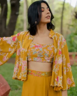 Ochre Yellow Floral Printed Jacket Set
