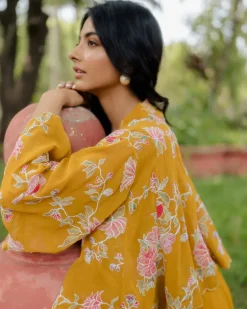 Ochre Yellow Floral Printed Jacket Set