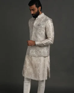 Off White Banarasi Silk Kurta Set