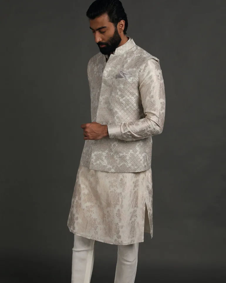 Off White Banarasi Silk Kurta Set