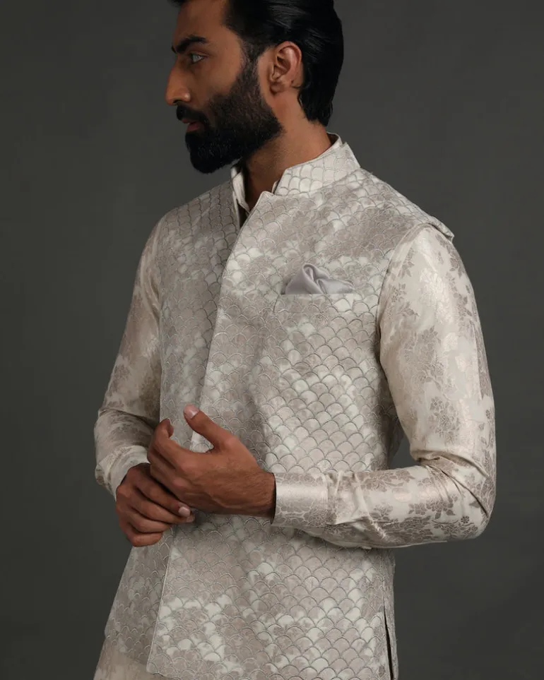 Off White Banarasi Silk Kurta Set