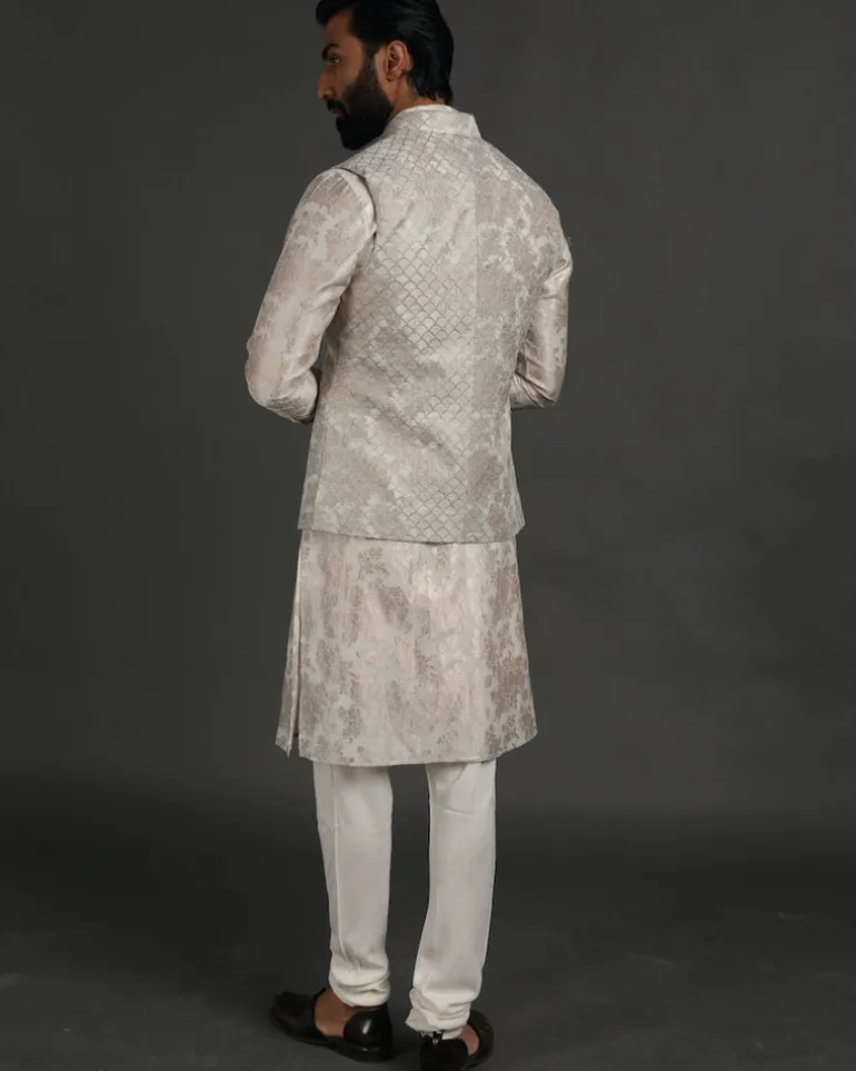 Off White Banarasi Silk Kurta Set