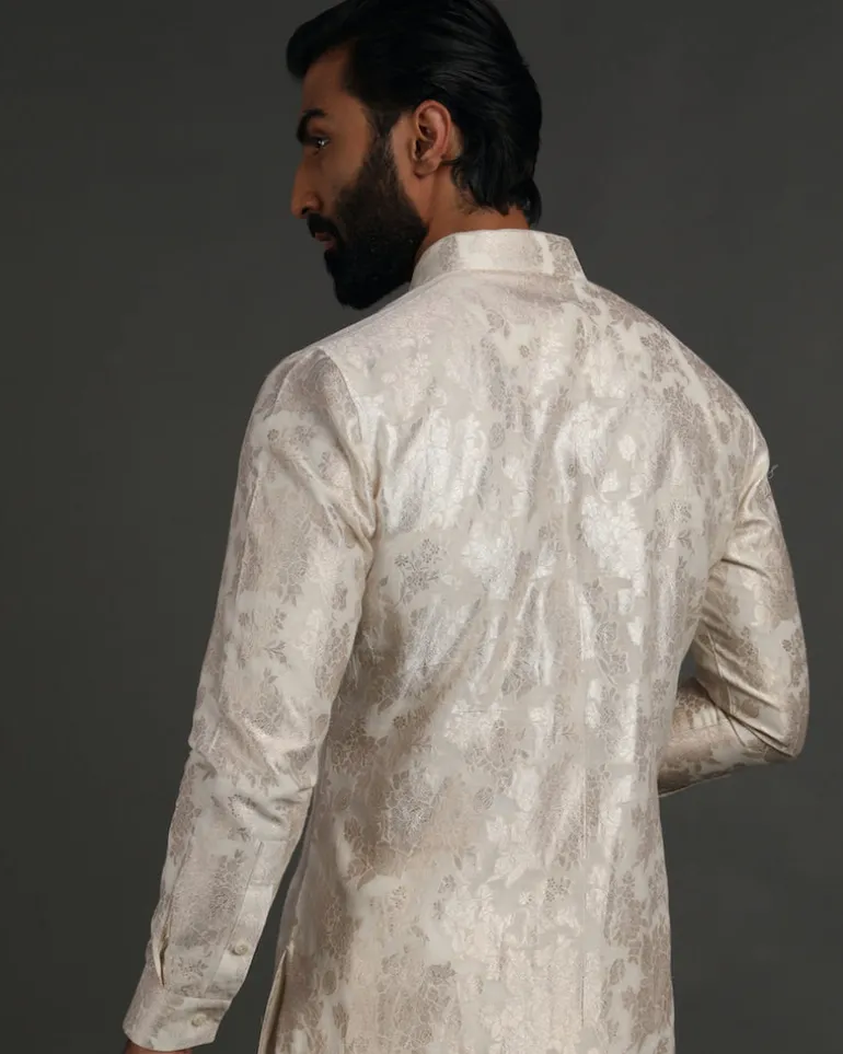 Off White Banarasi Silk Kurta Set