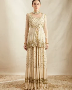 Off White Booti Peplum With Sharara Set