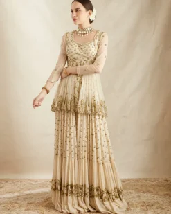 Off White Booti Peplum With Sharara Set