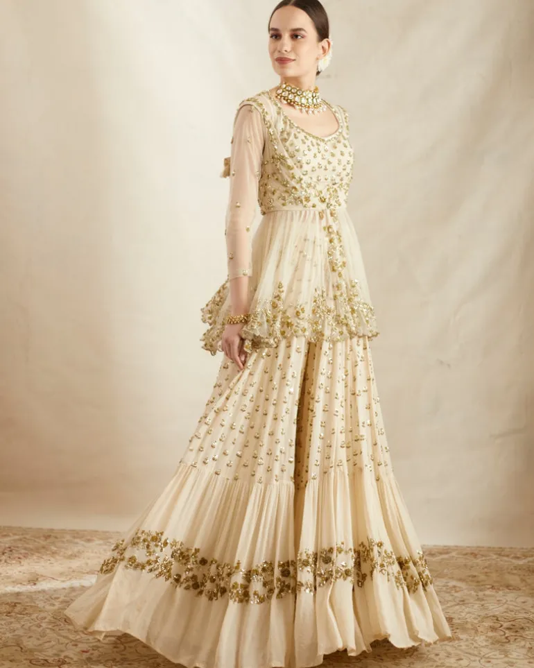 Off White Booti Peplum With Sharara Set