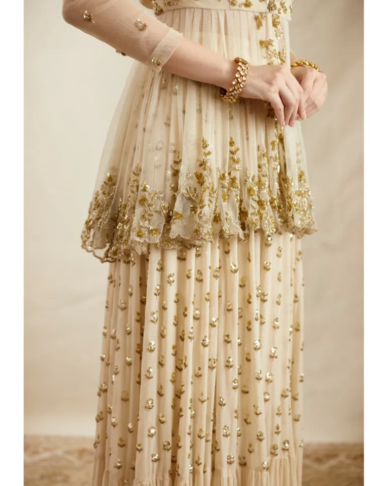 Off White Booti Peplum With Sharara Set