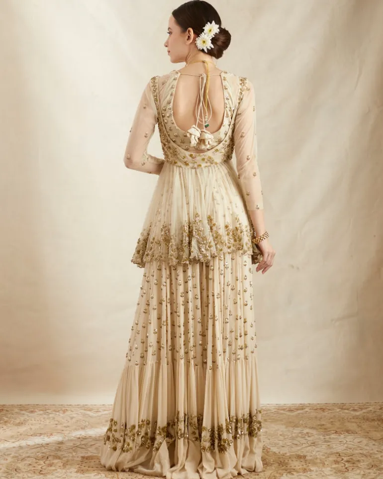 Off White Booti Peplum With Sharara Set