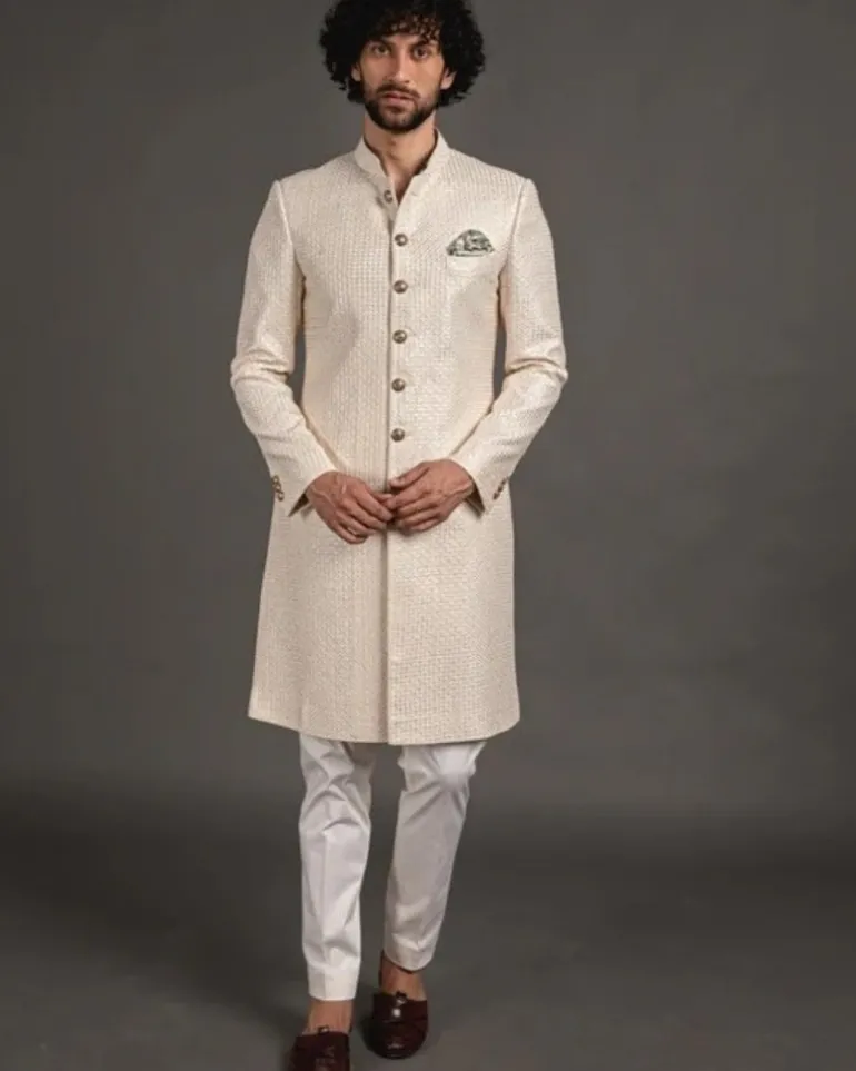 Off White Chanderi Silk Fully Embroidered Achkan Set
