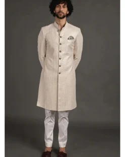 Off White Chanderi Silk Fully Embroidered Achkan Set