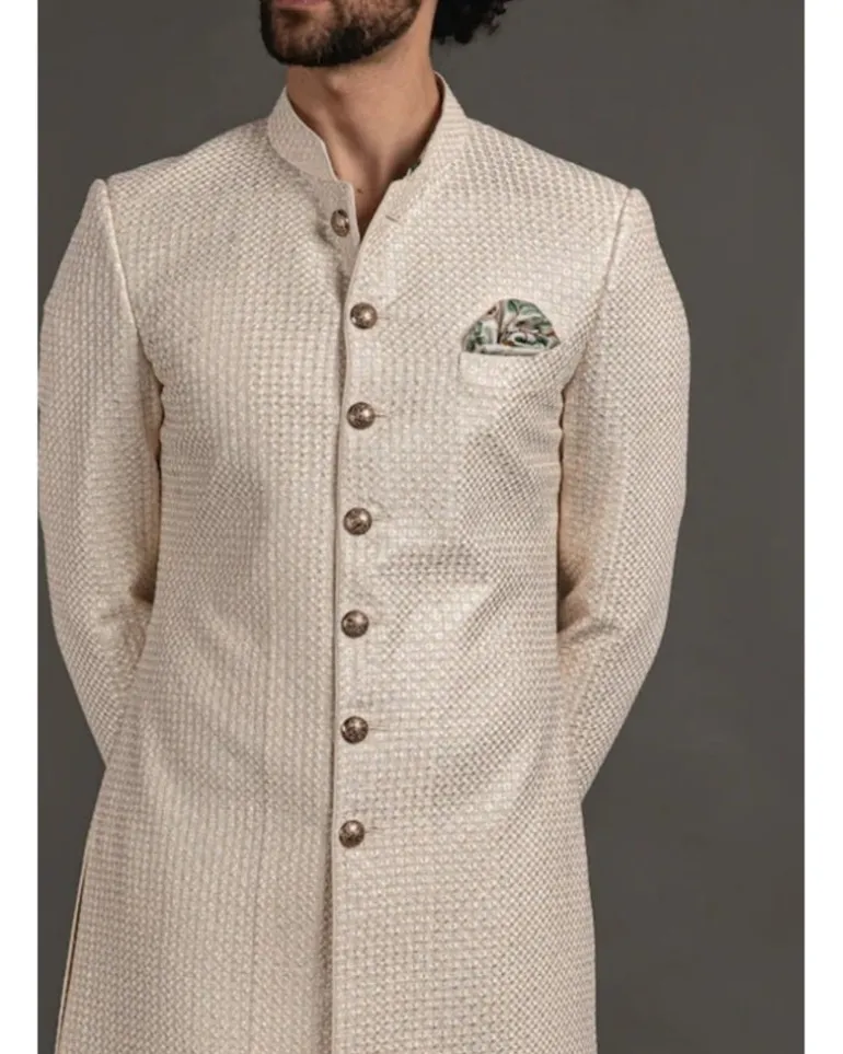 Off White Chanderi Silk Fully Embroidered Achkan Set