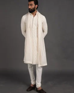 Off White Churidaar With Kurta Set with Stole