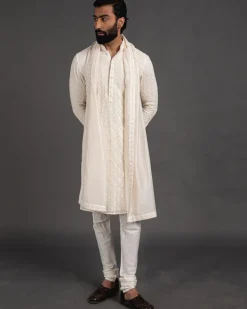 Off White Churidaar With Kurta Set with Stole