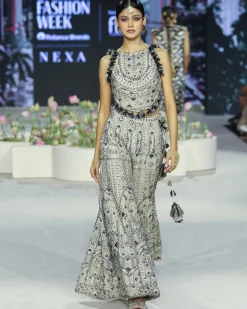 Off White Embroidered Back Tie-Up Choli And Sharara Set