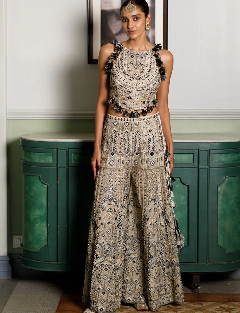 Off White Embroidered Back Tie-Up Choli And Sharara Set