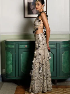 Off White Embroidered Back Tie-Up Choli And Sharara Set