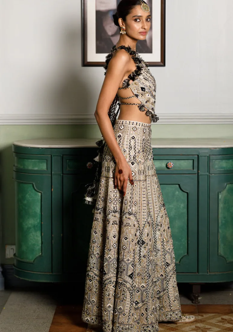 Off White Embroidered Back Tie-Up Choli And Sharara Set