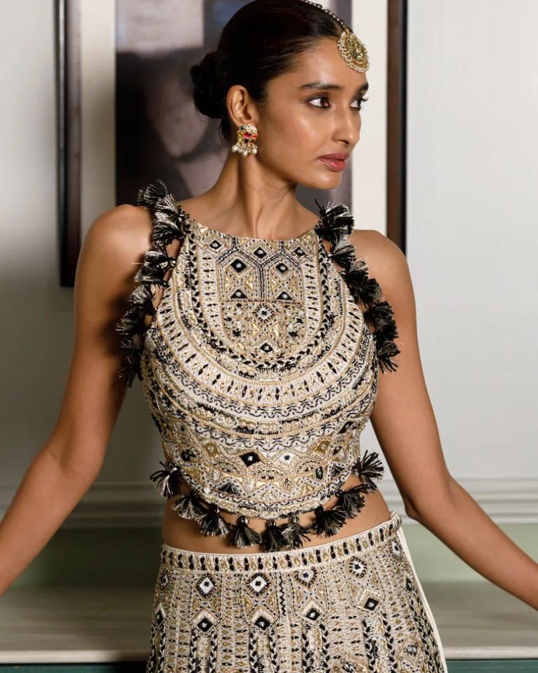 Off White Embroidered Back Tie-Up Choli And Sharara Set