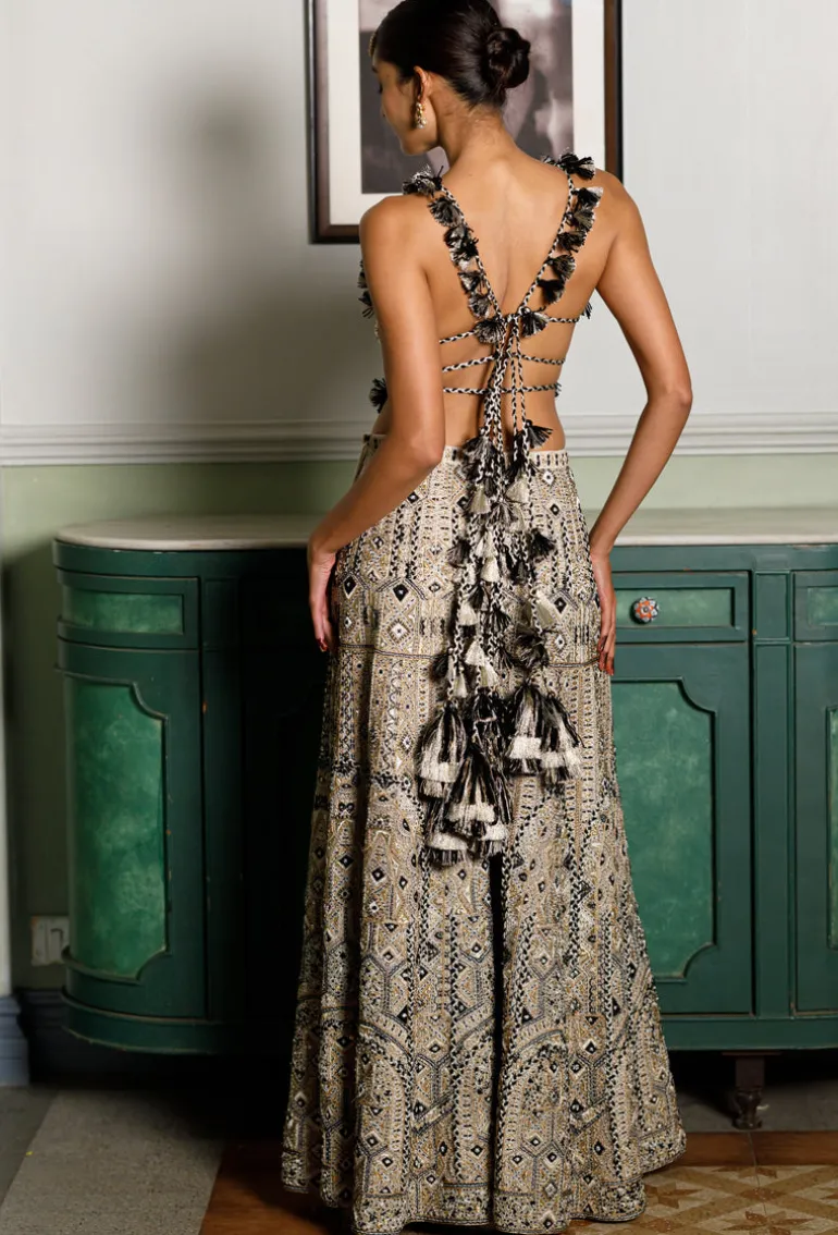Off White Embroidered Back Tie-Up Choli And Sharara Set