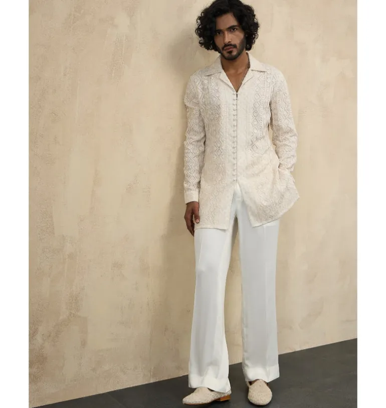 Off- White Front Luppi Button Kurta Set