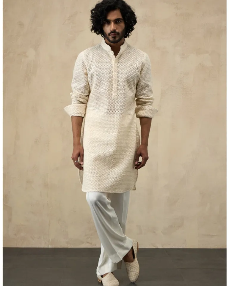 Off White Inara Jaal Luppi Button Kurta Set