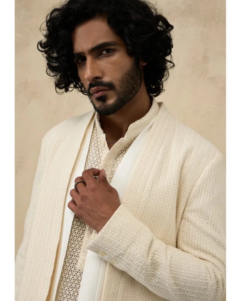 Off White Inara Jaal Luppi Button Kurta Set