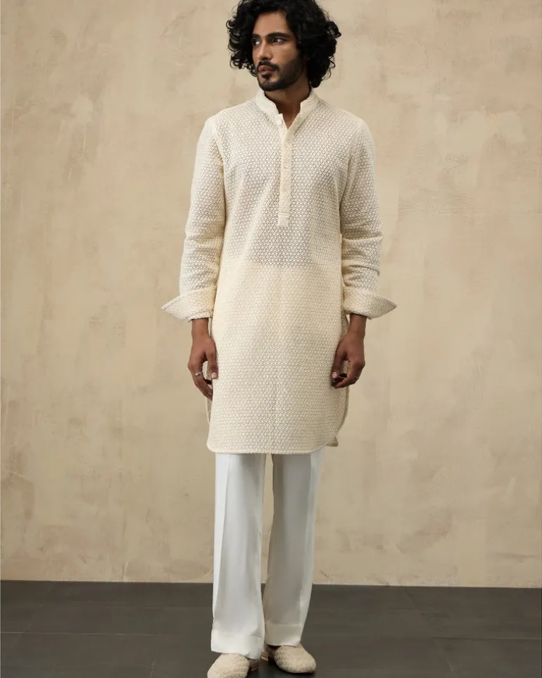 Off White Inara Jaal Luppi Button Kurta Set