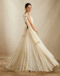Off White Net Crepe Embroidered Lehenga Set