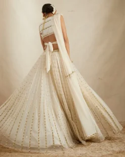 Off White Net Crepe Embroidered Lehenga Set