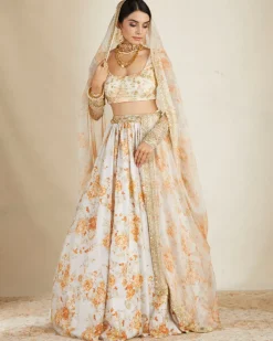 Off White Silk Floral Lehenga Set