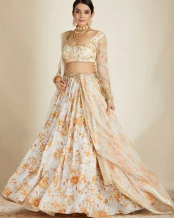Off White Silk Floral Lehenga Set