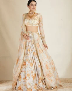 Off White Silk Floral Lehenga Set